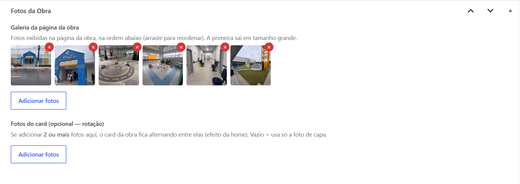 Quadro Fotos da Obra com galeria e fotos do card